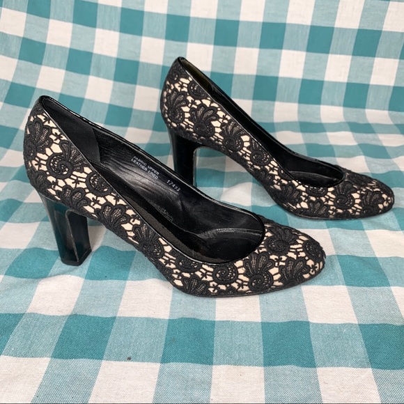J. Crew Etta Black Lace Pumps Nude Crochet Block Heels Pumps Size 9.5 - Picture 2 of 9